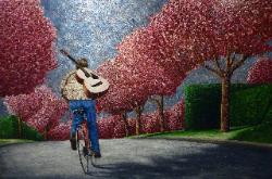 Van Klei. Painting of Ellen Page on Bicycle with Cherry trees inspired by scene of actress in Vancouver while filming the movie JUNO